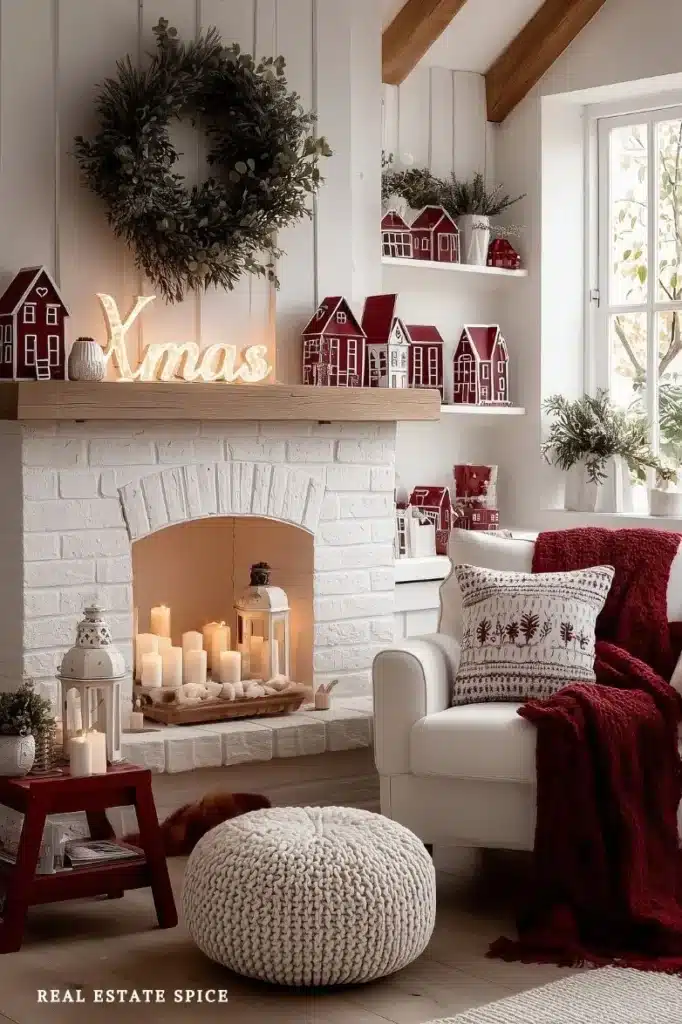 farmhouse style living room decorated for christmas white and red with candles wreath