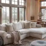 farmhouse with wood accents cream curtains flanking windows exposed wood beams