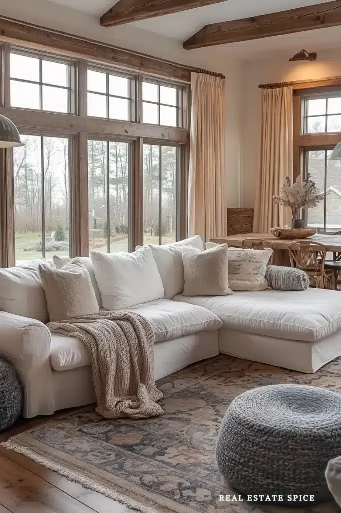 farmhouse with wood accents cream curtains flanking windows exposed wood beams