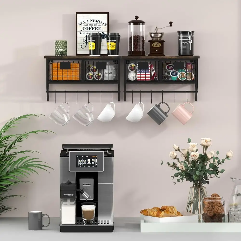 floating shelves with pull out baskets with mugs and kitchen items