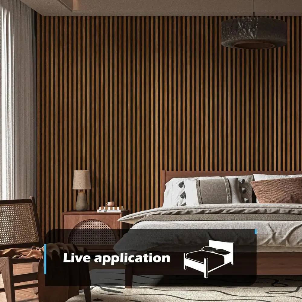fluted wall paneling behind bed