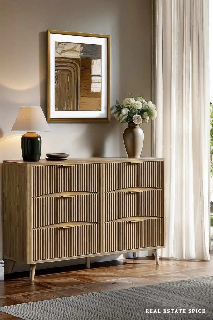 Fluted wood dresser with open space between a table lamp and a vase of white flowers