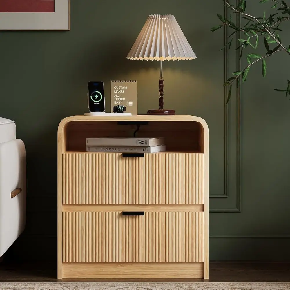 fluted wood nightstand with charging station