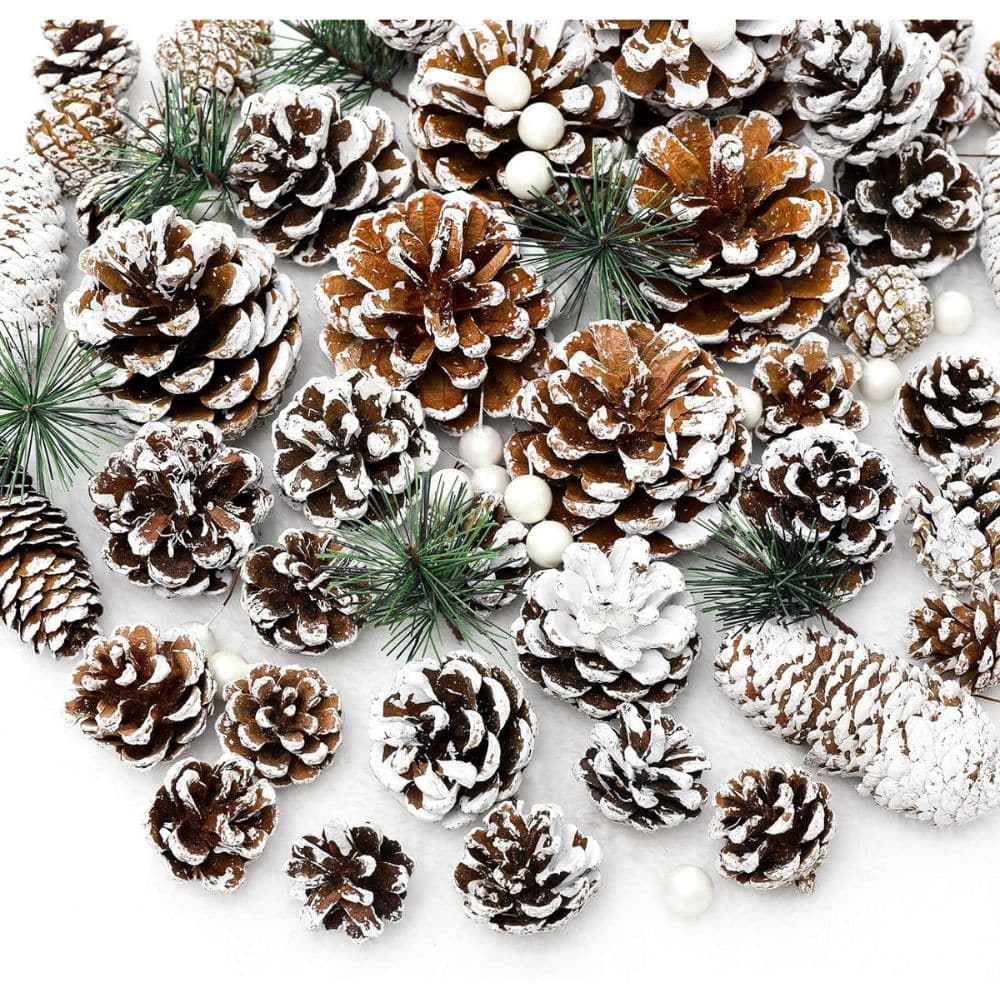 frosted pinecones and greenery