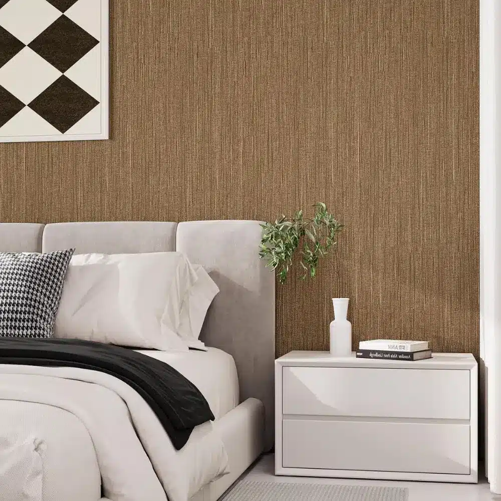 grasscloth peel and stick wallpaper in bedroom behind bed