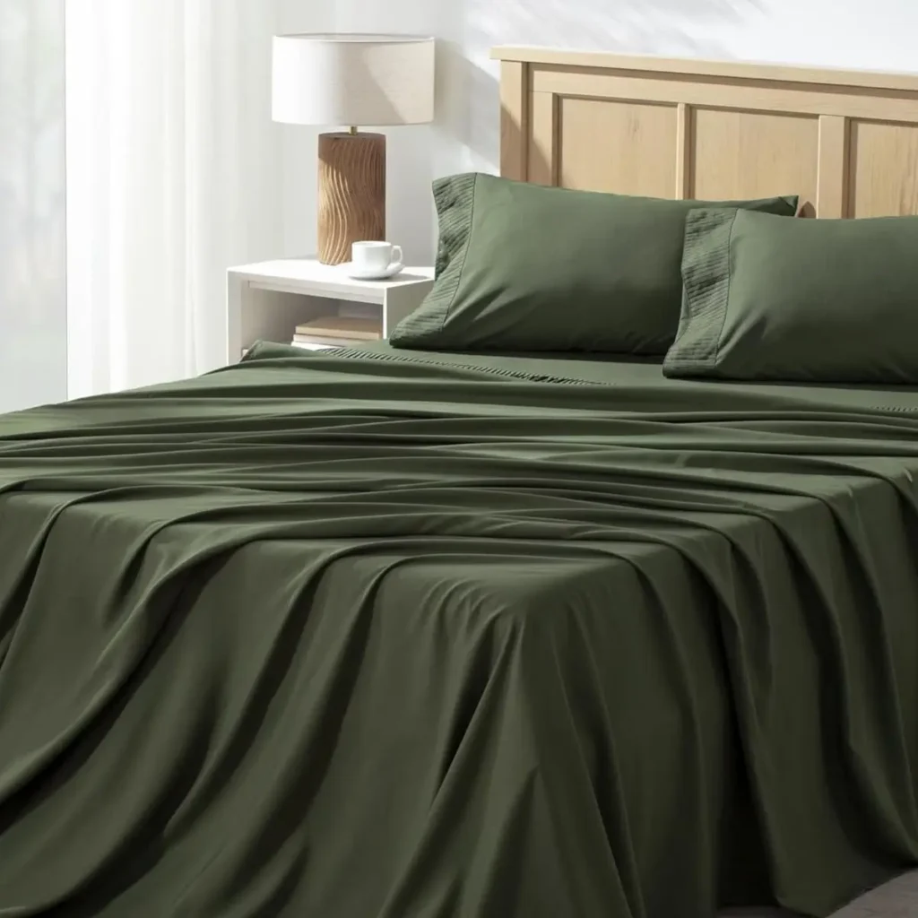 Bed with smooth olive green sheets and matching pillowcases beside a light wood headboard and white nightstand.
