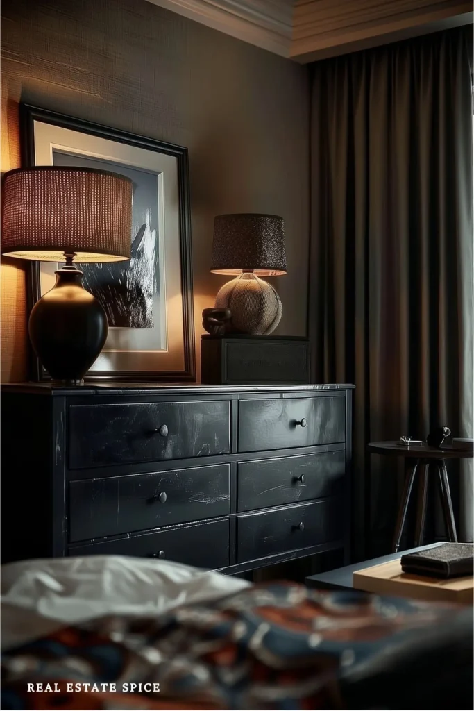 guest bedroom at night with dresser lamps bed