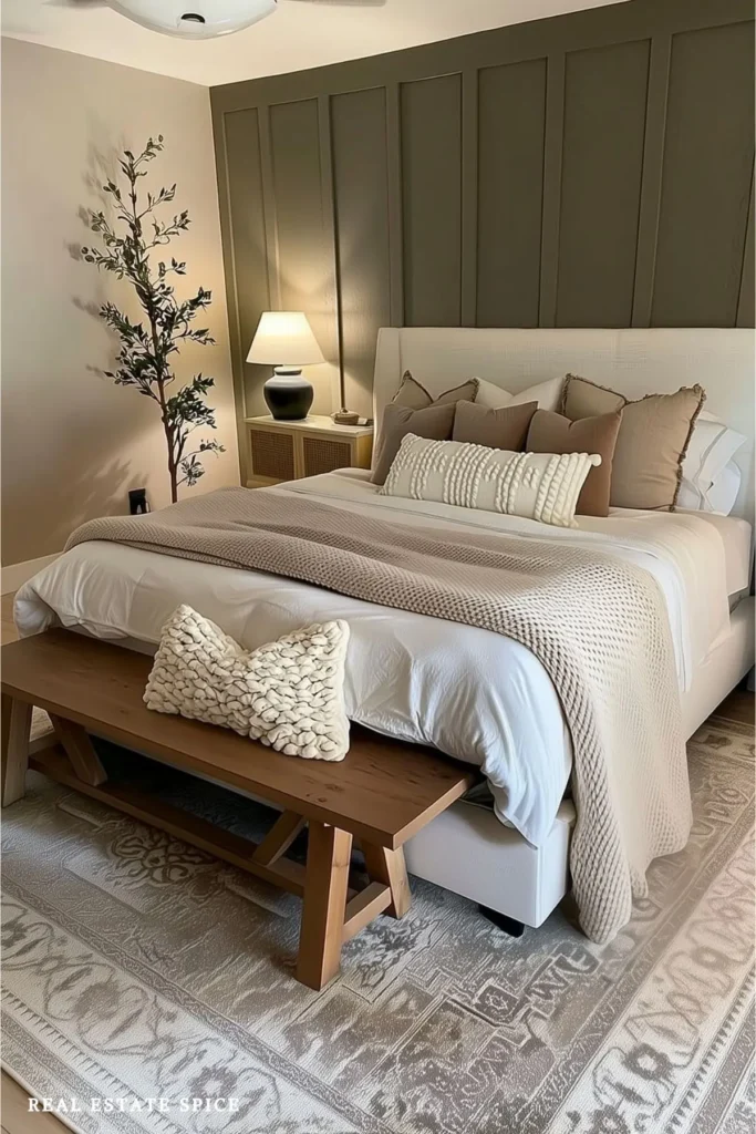 guest bedroom with bed pillows bench lamp on nightstand next to bed