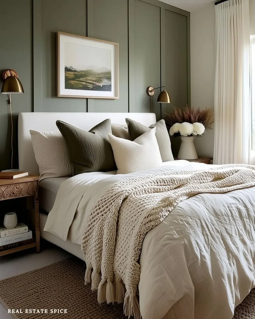 guest bedroom with bed wall lights bedding