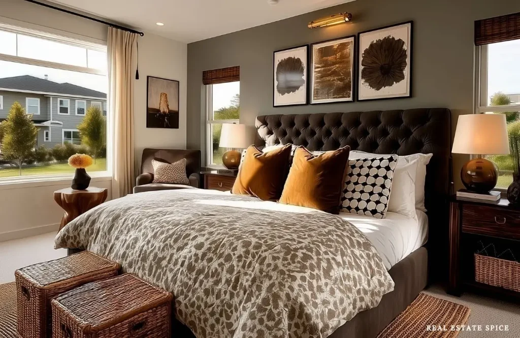 guest bedroom with chair nightstands bed and bedding