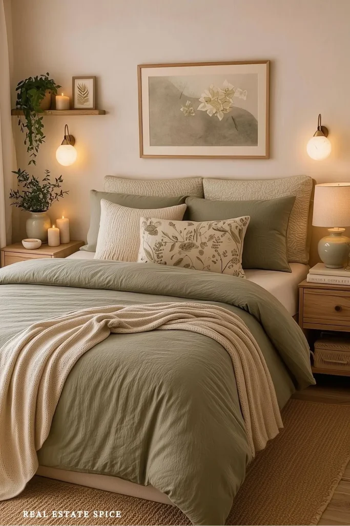 guest bedroom with layered bedding nightstands wall sconce lighting