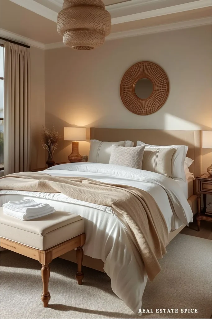 guest bedroom with towels on the bench