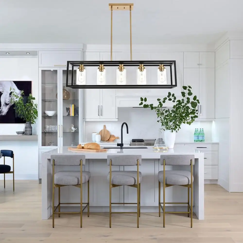 horizontal rectangle pendant light in kitchen over island
