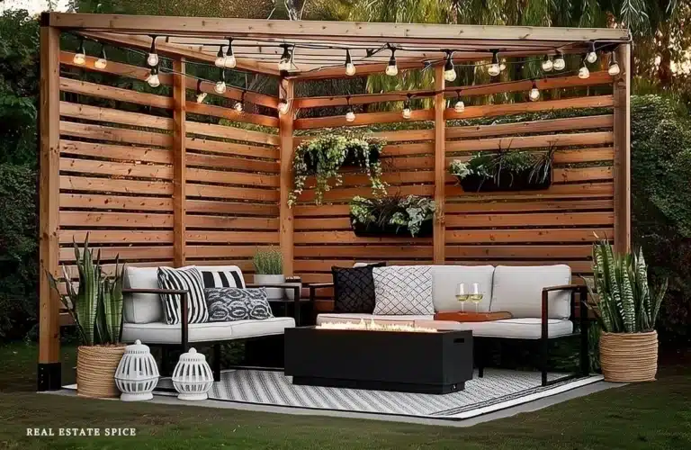 how to create a private backyard oasis with a corner space with privacy wood slat corner fence with outdoor chairs gas firepit string bulb lights above