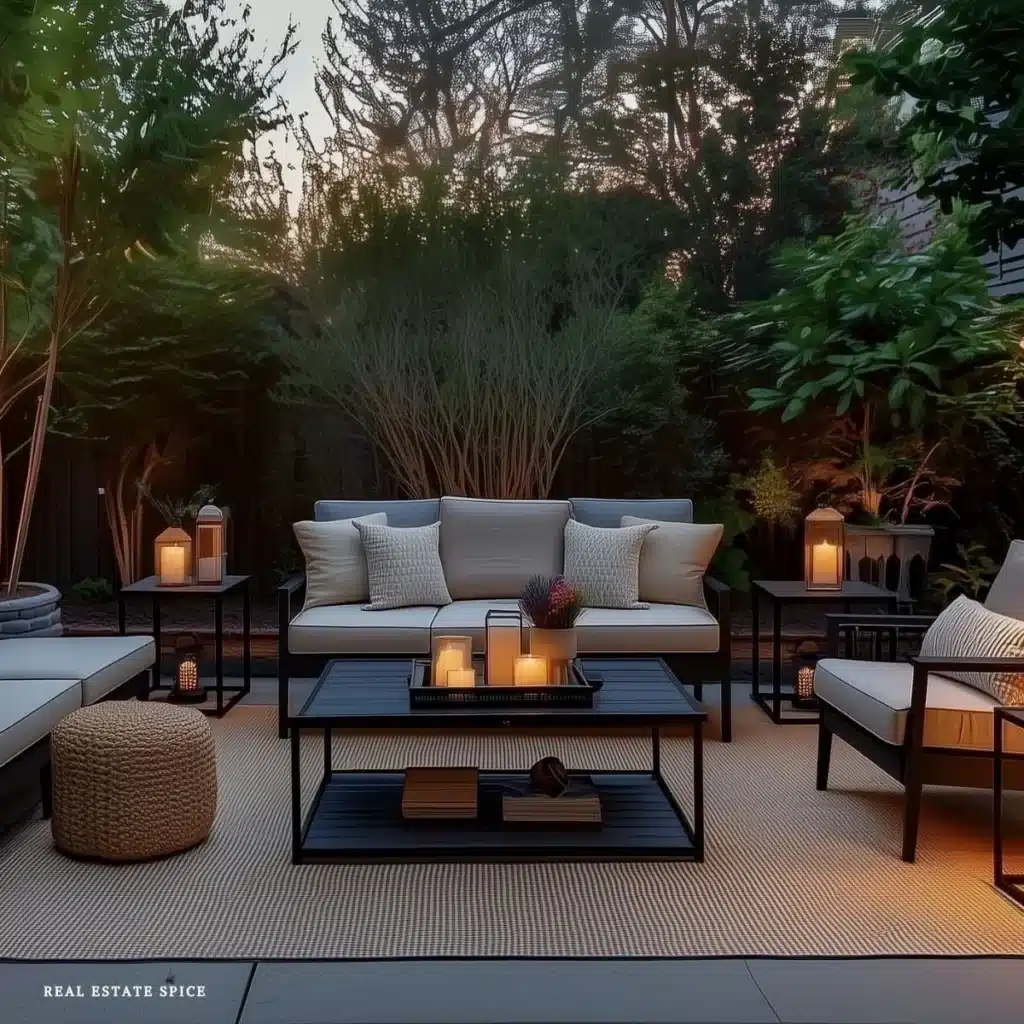 how to create a private patio area with patio with outdoor seating outdoor coffee table and outdoor rug