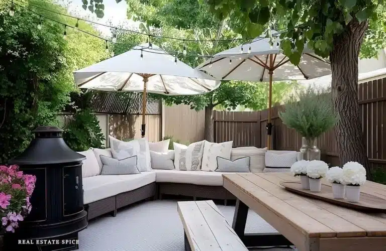 how to create a small backyard oasis with outdoor sofa patio umbrellas picnic table with outdoor rug