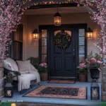 how to decorate a front porch has potted flowers and bench welcome mat