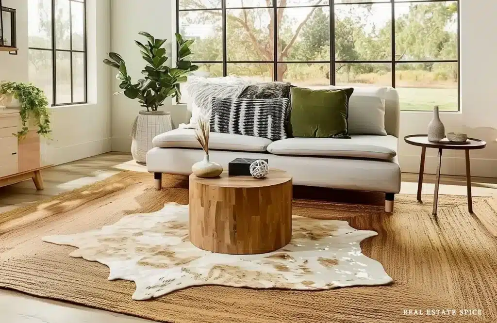 jute rug with another rug on top in living room