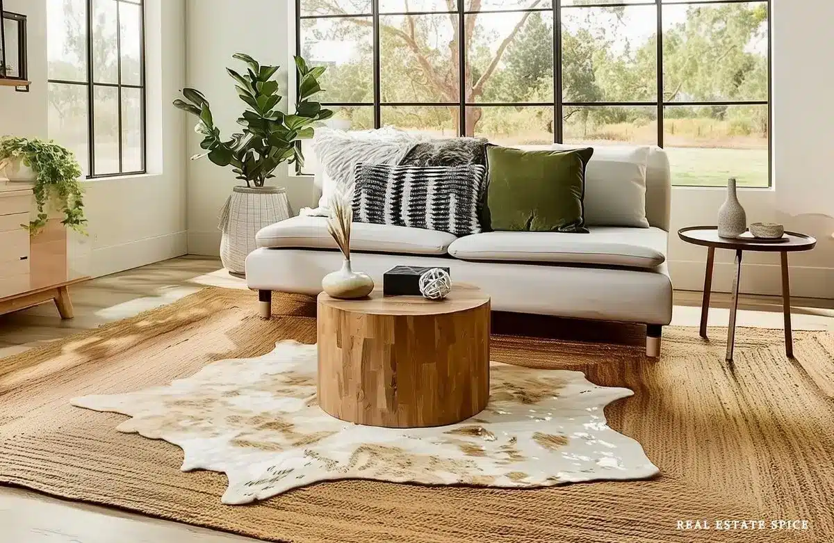 jute rug with another rug on top in living room