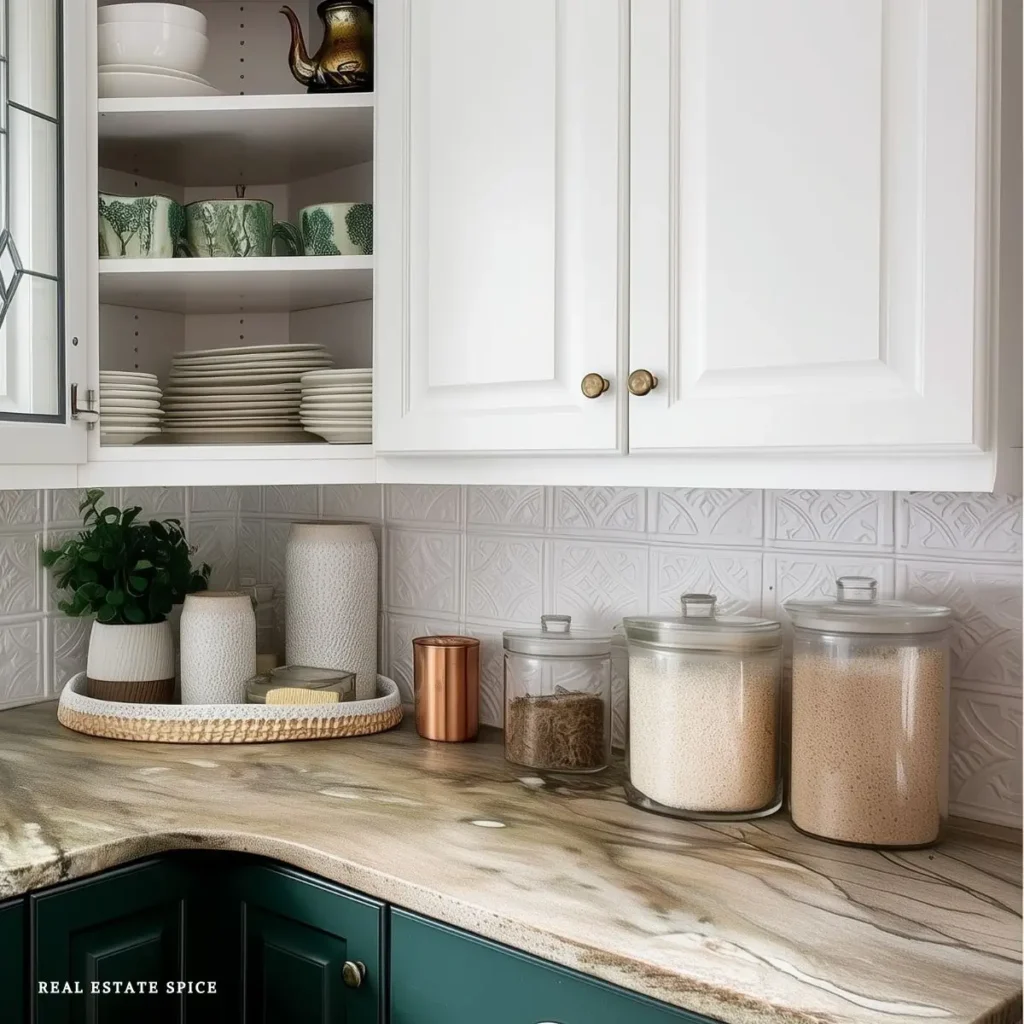 kitchen counter with decanters filled with food