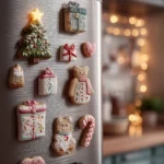 kitchen decorated for christmas with christmas magnets on the refrigerator