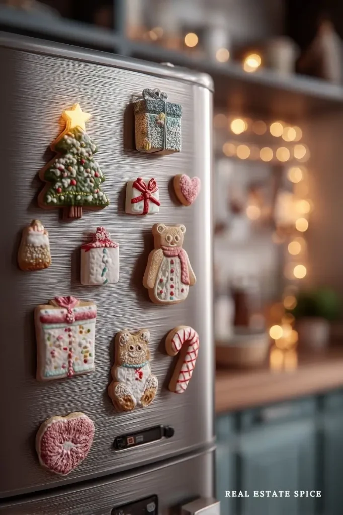 kitchen decorated for christmas with christmas magnets on the refrigerator