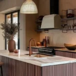 kitchen island with wood paneling