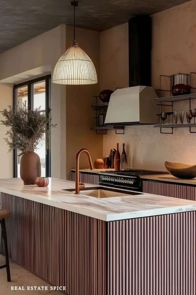 kitchen island with wood paneling
