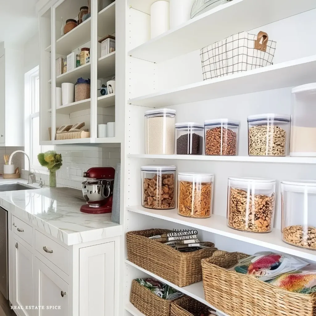 kitchen organization with pantry items in containers and baskets