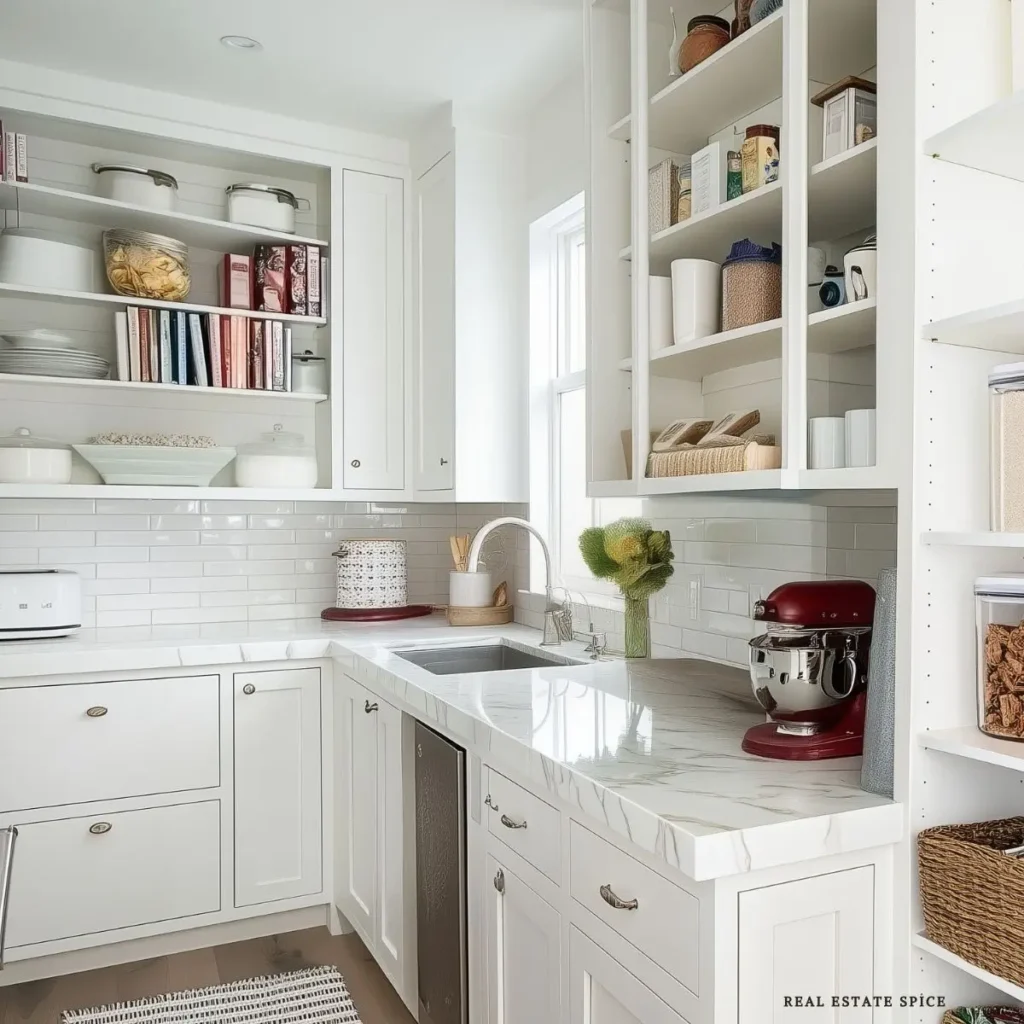 kitchen organization with open shelves