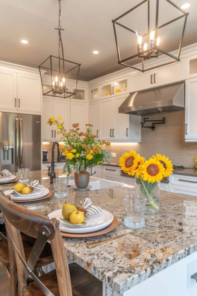 kitchen pendant lights over kitchen island white kitchen cabinets flowers on island