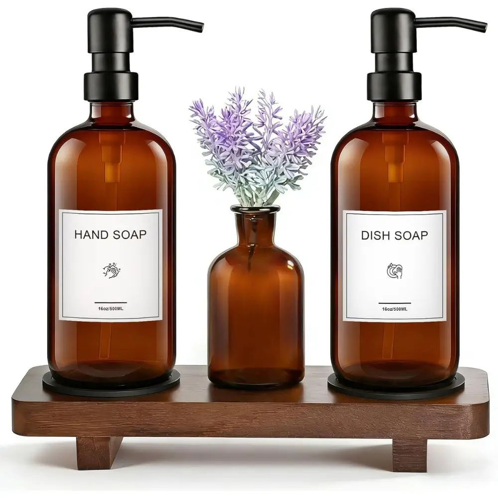 kitchen set containers hand soap dish soap and another small bottle on a wood tray
