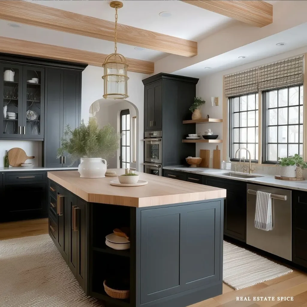 kitchen with black cabinets and light wood accent