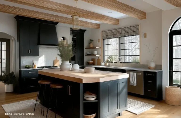 kitchen with charcoal black cabinets natural light wood island wood beams white accents beige accent colors