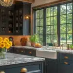 kitchen with dark green cabinets wood ceiling island with globe light above gold hardware