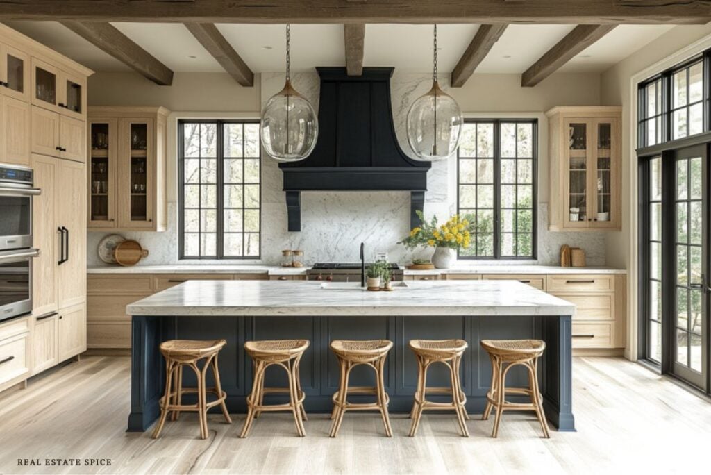 kitchen with dark painted island base dark hood over stove light wood cabinetry rattan bar stools at kitchen island