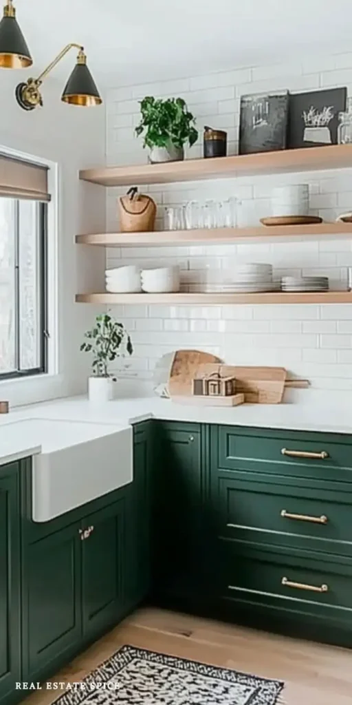 kitchen with emerald green cabinets