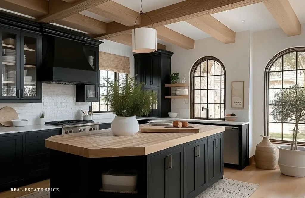 kitchen with light wood accents and dark cabinetry