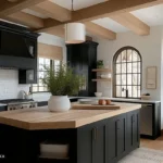 kitchen with light wood accents and dark cabinetry