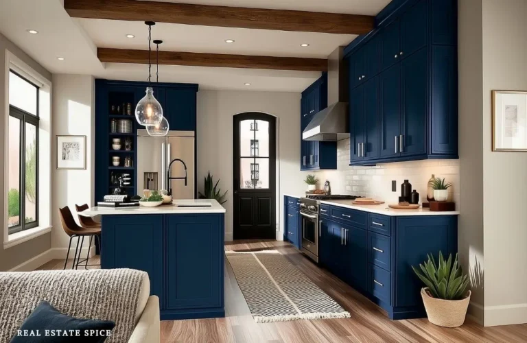kitchen with navy blue cabinets