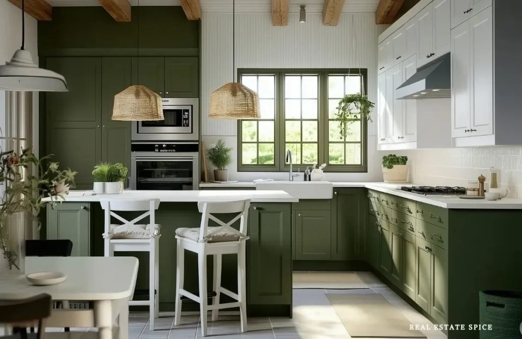 kitchen rule of 3 with island, countertops lighting
