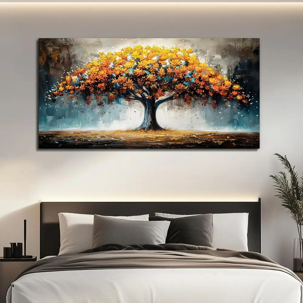 large wall print mural tree above bed