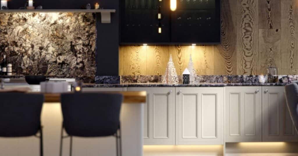 layered lighting in low ceiling kitchen at night