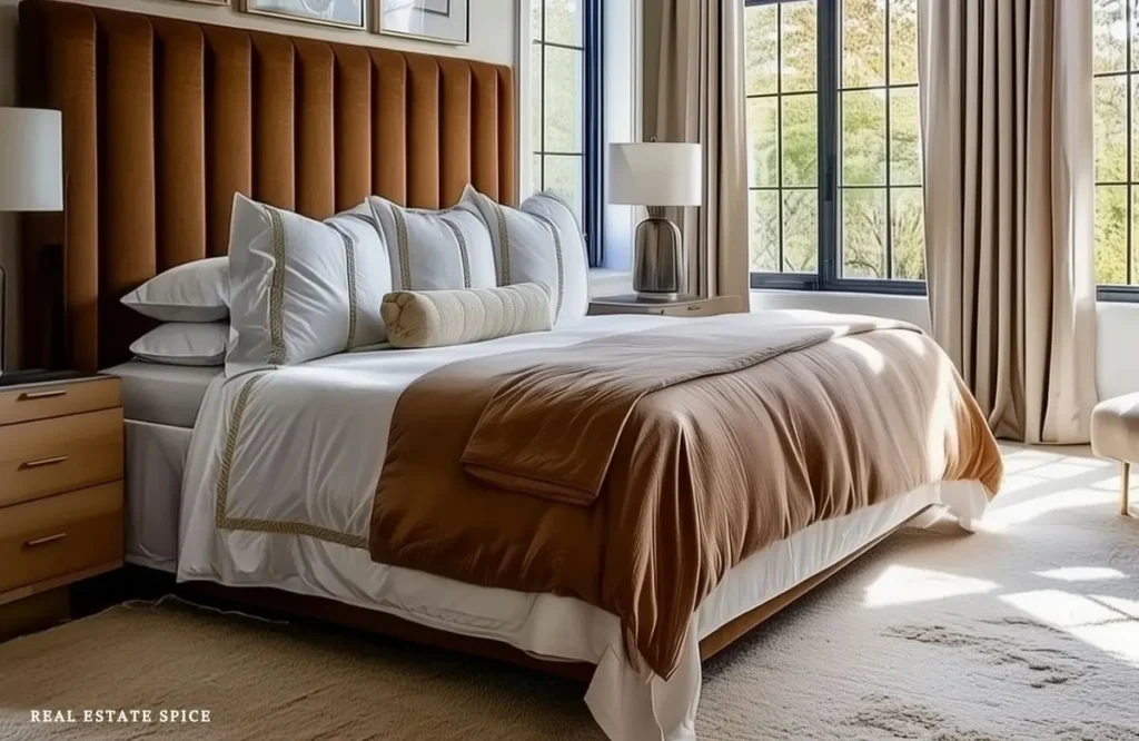 Bedroom with a tall camel channel-tufted headboard, layered white bedding, a warm brown duvet, neutral curtains, and black-framed windows.