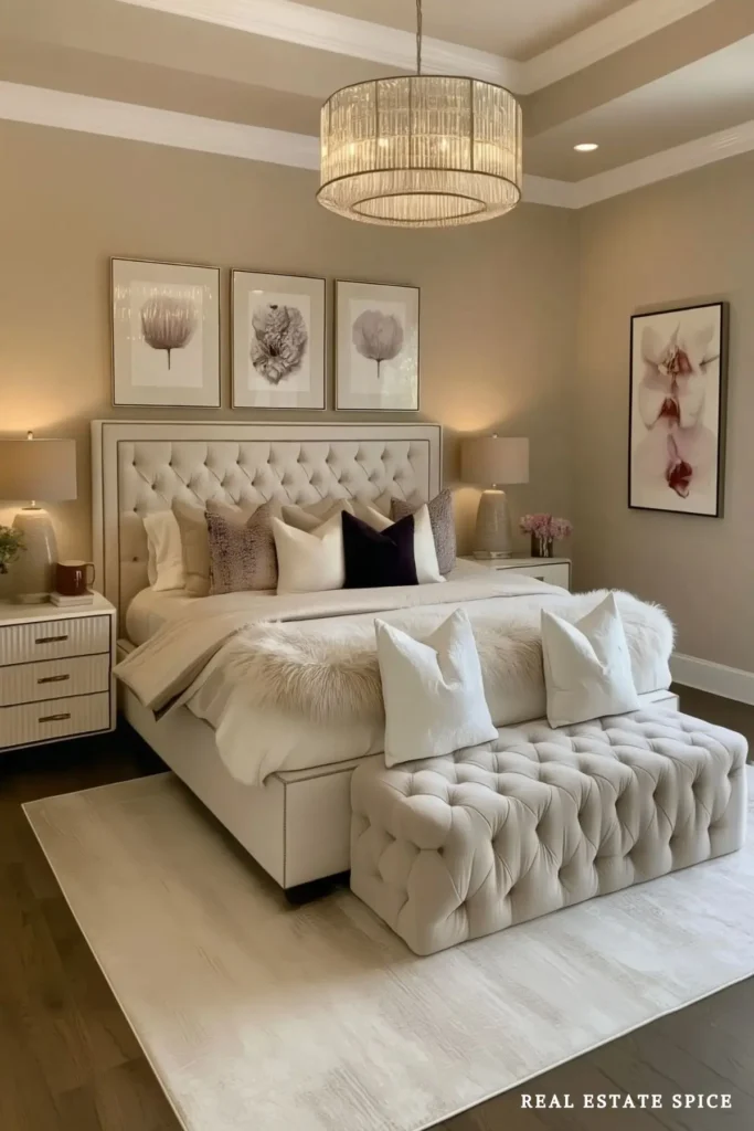 Light neutral cozy luxury bedroom with a tufted cream bed, layered bedding, upholstered bench, crystal chandelier, and soft area rug.
