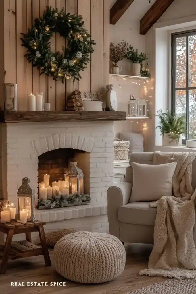 living room at christmas whites, soft creams, lots of texture, twinkle lights, and subtle natural greenery