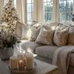 living room decorated for christmas christmas tree string lights candles