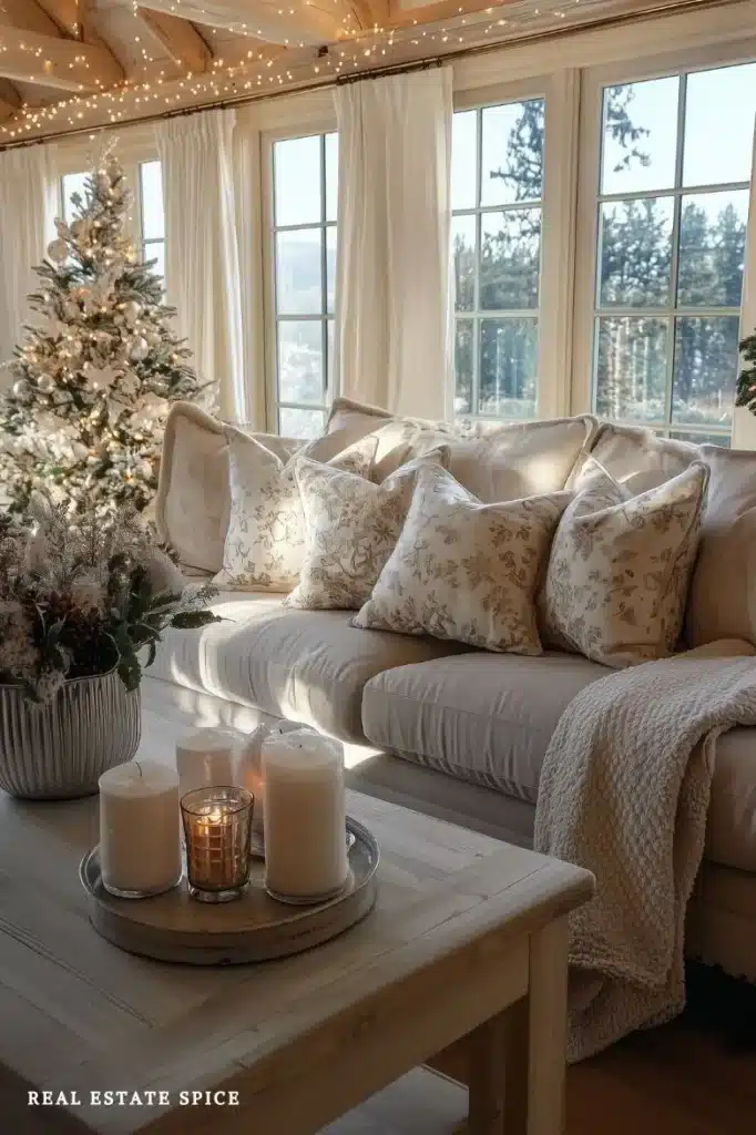 living room decorated for christmas christmas tree string lights candles