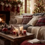 living room decorated for christmas red cream colors stockings on fireplace christmas tree in background