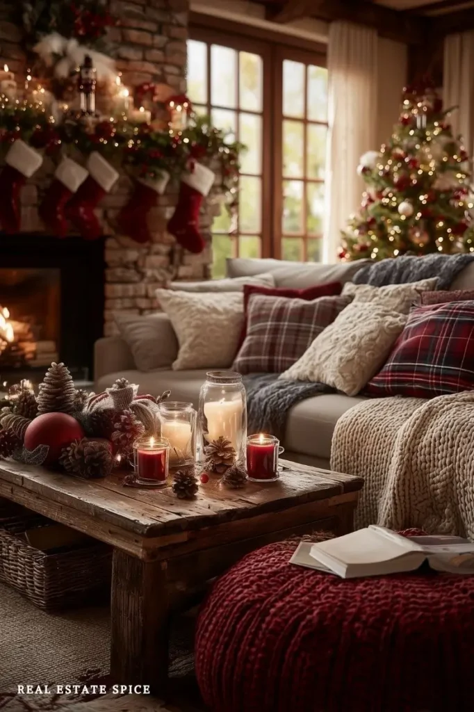 living room decorated for christmas red cream colors stockings on fireplace christmas tree in background